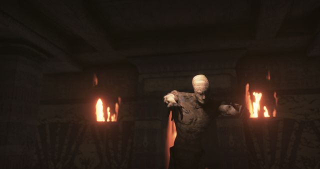 Terrifying Zombie Mummy Walking in Dark Room with Burning Torches - Download Free Stock Images Pikwizard.com