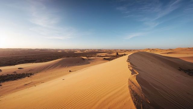 Sunlit golden sand dune ridge stretching to horizon with rippled crest and vast blue sky