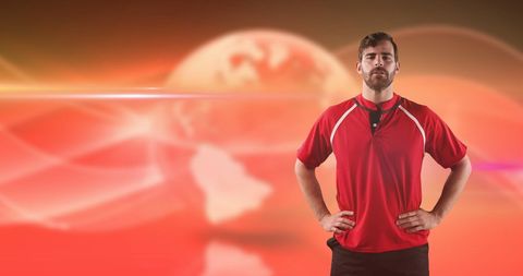 Confident Male Rugby Player with Futuristic Background