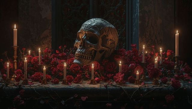 Carved Skull Among Roses and Candlelight