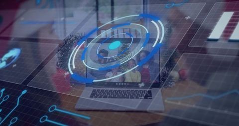 Multigenerational family connecting virtually through futuristic hud laptop interface