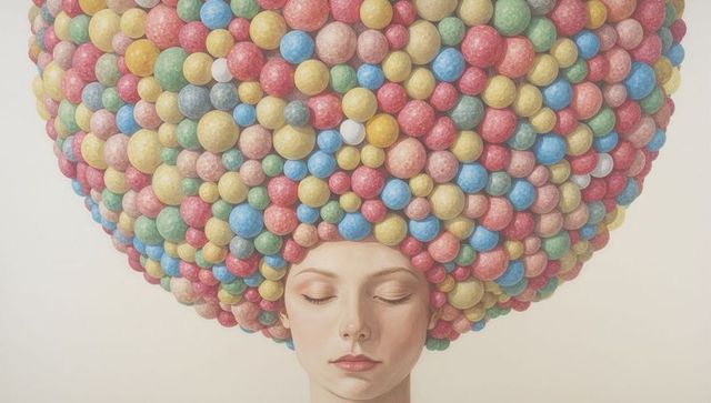 Serene woman wearing oversized multicolored sphere headdress, pastel sculptural portrait