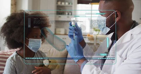Doctor drawing vaccine syringe while masked child watching on sofa with teddy hud overlay