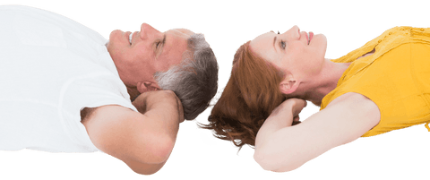 Transparent Happily Relaxing Mature Couple Lying Back to Back