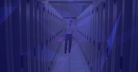 Technician Walking in Futuristic Server Farm with Digital Overlay - Download Free Stock Images Pikwizard.com