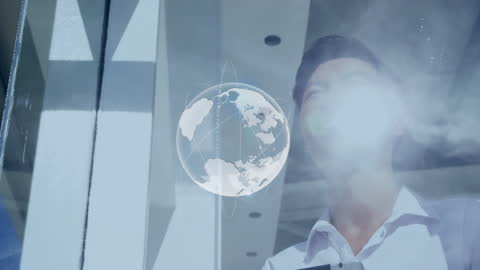 Businessman at Airport with Animated Globe Data Overlay