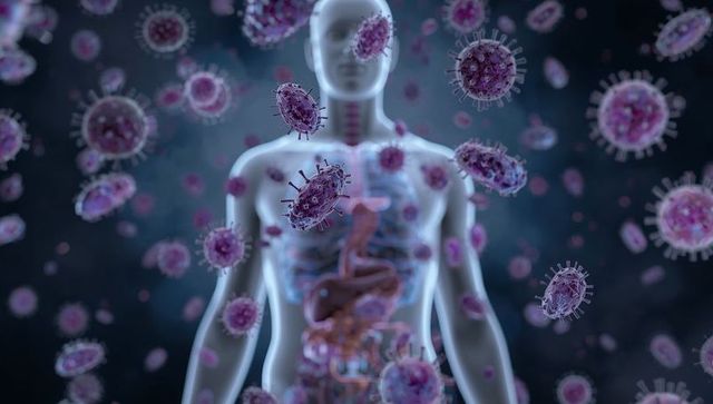 Human torso with microbes in medical visualization