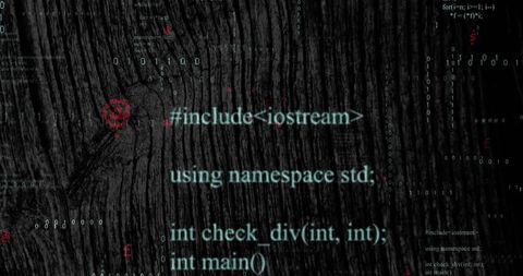 C++ code snippet overlaying digital woodgrain textured design