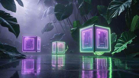 Neon cubes with circuit panels in tropical jungle