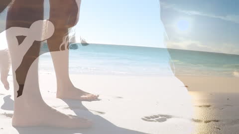 Couple Walking Beach Combined with Abstract Digital Elements