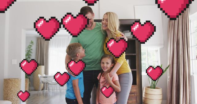 Happy Family Enjoying Time Together with Virtual Pixel Hearts Overlay - Download Free Stock Images Pikwizard.com