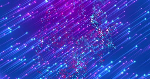 Streaming Neon Data Trails Racing Diagonally Across Deep Blue Tech Gradient with Particles