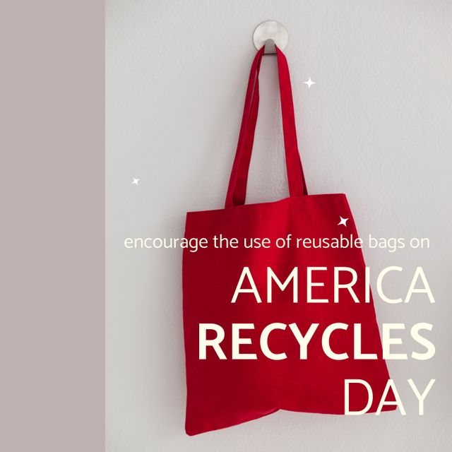 Composition of america recycles day text with tote bag on grey background. America recycles day and celebration concept digitally generated image.
