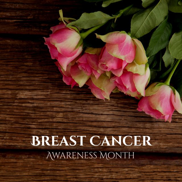 Breast Cancer Awareness Month Banner with Pink Flowers on Wooden Surface - Download Free Stock Templates Pikwizard.com