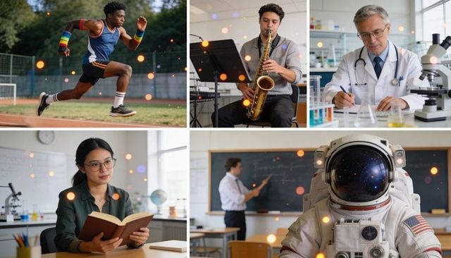 Students exploring career paths: athlete, musician, doctor, scientist, astronaut classroom collage