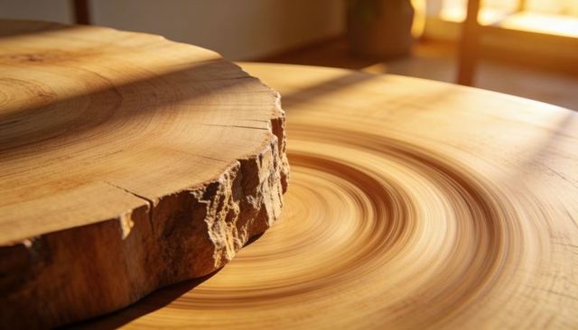 Sunlit tree ring cross-section showing bark edge, cracks and warm wood grain textures