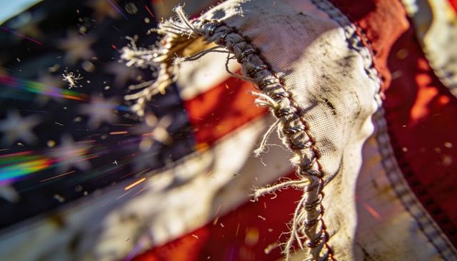 Worn american flag seam closeup showing frayed threads and weathered fabric texture