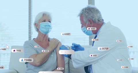 Senior woman receiving vaccine from doctor with floating social media engagement badges