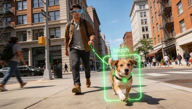 Young man wearing ar goggles walking dog with smart green leash on city crosswalk
