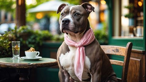 Stylish pitbull dog in pink scarf on rustic café patio