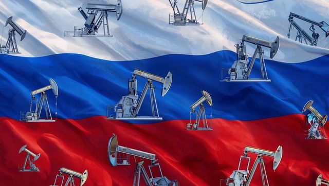 Russian flag overlay with oil industriousness icons