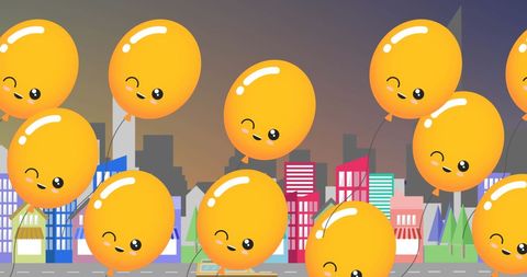 Happy yellow balloons flying over vibrant cityscape illustration