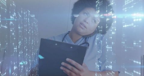 Nurse Calling in Medical Space with Cityscape Overlay