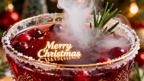 Steaming Cranberry Christmas Cocktail in Gold-Rimmed Goblet with Merry Christmas Reflection