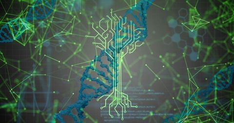 DNA Helix Entwining Neon Green Circuit-Tree Connecting Genetics and Artificial Intelligence