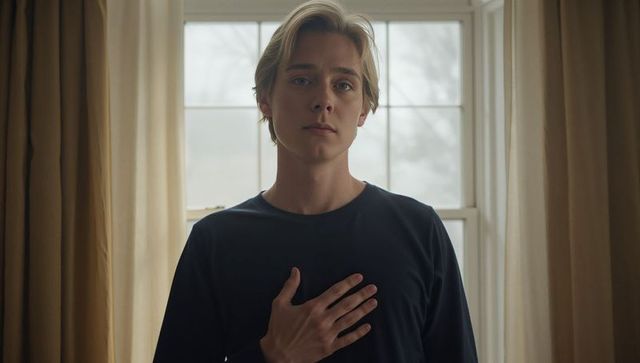 Young man standing contemplative by sash window holding hand to chest in soft daylight