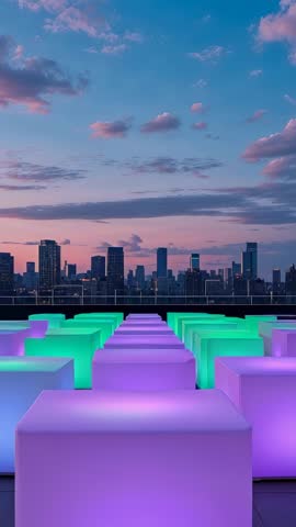 Pulling Back Revealing Rooftop at Dusk with Glowing Purple and Green Cube Grid - Vertical Video