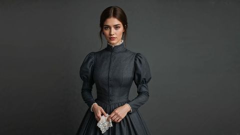 Elegant Woman in Victorian Dress Holding Lace Handkerchief