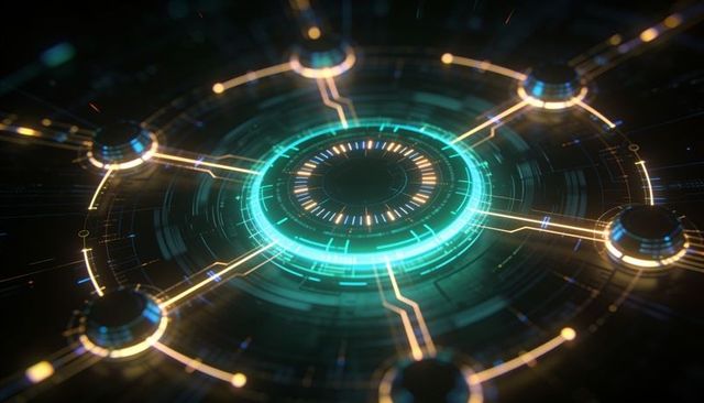 Pulsing tech hub connecting neon teal core to gold circuit nodes on dark metallic surface