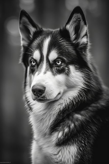 Majestic Siberian Husky poses looking directly at the camera, with a serious and focused look. Shot in black and white, this photo captures the striking blue eyes of the Husky adding a contrast that highlights the dog's noble and resilient nature. Perfect for use in pet-related publications, animal lover content, emotional appeal visuals, and outdoor adventure marketing.