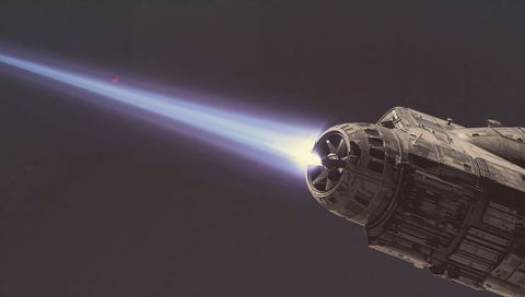 Spacecraft rear engine firing vivid blue plasma plume, detailed hull panels, deep space