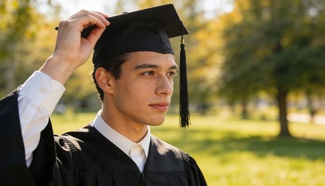 Young male graduate adjusting mortarboard on sunny campus celebrating academic achievement