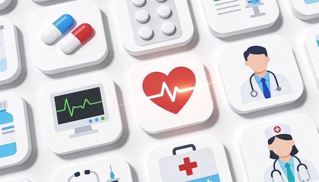Glowing heart ecg tile displaying on medical app icon grid with doctor nurse symbols pills monitor