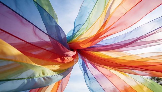 Translucent rainbow fabric panels fluttering in breeze with knotted center and stitching