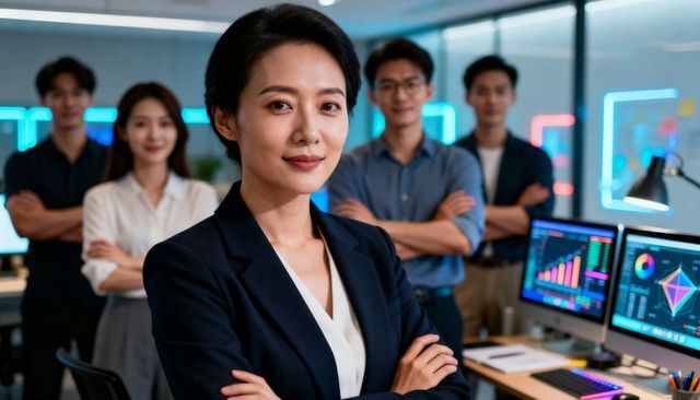 Confident female executive leading analytics team in modern office with financial charts