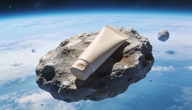 Matte cream cosmetic tube floating on cratered asteroid over earth — futuristic mockup