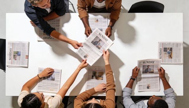 Team exchanging sunday newspapers at white table, coworkers collaborating over current news