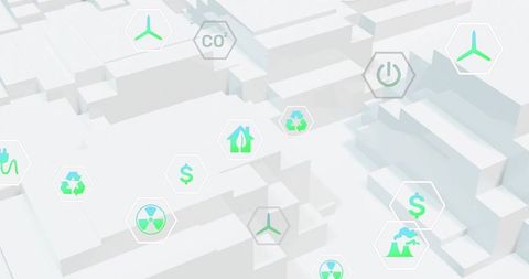 Futuristic 3d urban energy grid with floating sustainability icons and infographic elements
