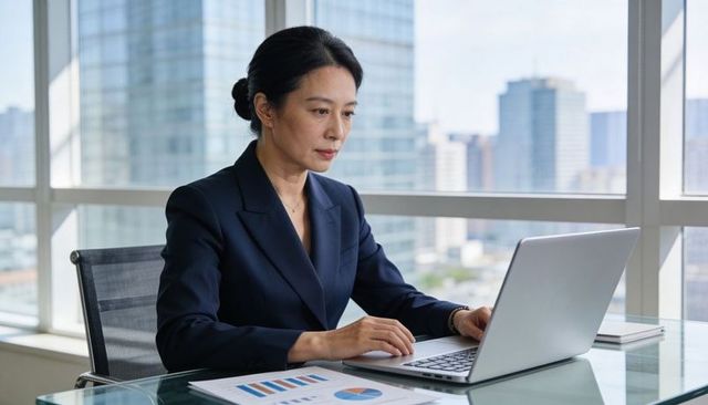 Asian executive working on laptop in modern high-rise office with city skyline view