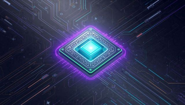 Glowing ornate processor hovering above neon circuit board with cyan core and magenta aura