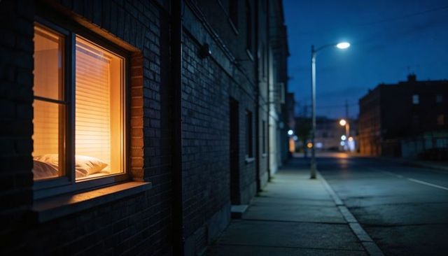 Glowing ground-floor bedroom window at night showing closed blinds and pillow, urban streetlamp mood