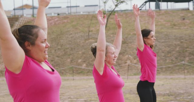 Three women are doing yoga exercises outdoors, all wearing pink shirts. This scene showcases a group exercise session focused on fitness and a healthy lifestyle. Ideal for advertising health and wellness programs, promoting outdoor fitness classes, illustrating group exercise benefits, or marketing activewear.