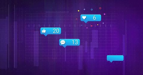Futuristic social alerts with floating like comment heart bubbles on neon purple grid
