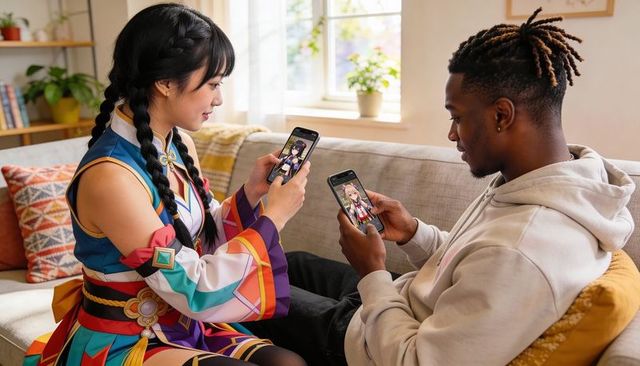 Couple comparing anime character art on smartphones while wearing cosplay in sunlit living room