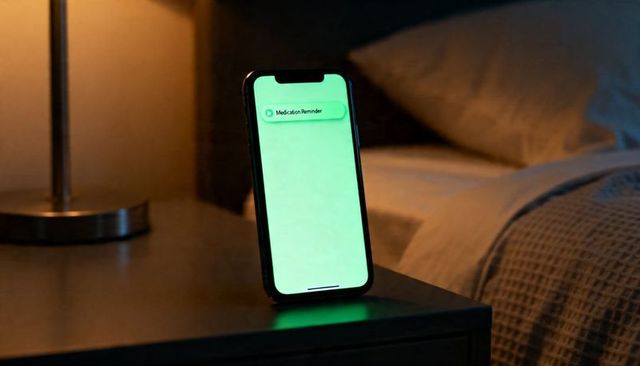 Smartphone showing medication reminder on bedside table with green ambient glow