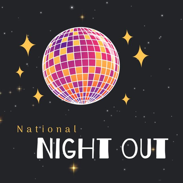 Illustration of illuminated disco ball and national night out text on black background, copy space - Download Free Stock Videos Pikwizard.com